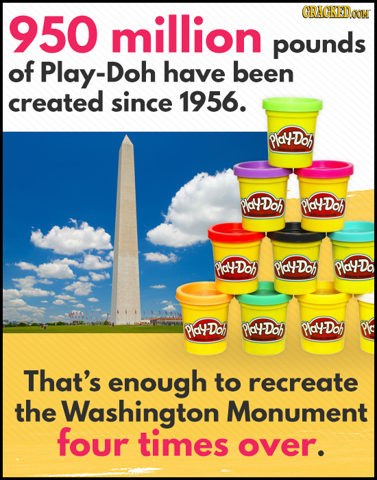950 million pounds of Play-Doh have been created since 1956. PlaDoA PlaU Doh PlaYDoh PlaDoh PlaYDoh PlalDo PlayDoh PlayDoh PlalDoh Plc That's enough t