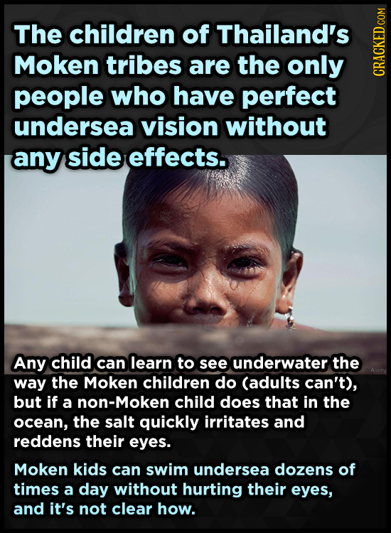 The children of Thailand's Moken tribes are the only people who have perfect cRAGh undersea vision without any side effects. Any child can learn to se