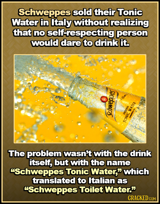 Schweppese sold their Tonic Water iin Italy without realizing that no self-respecting person would dare to drink it. WATER INDIAN schweppes TONIC The 