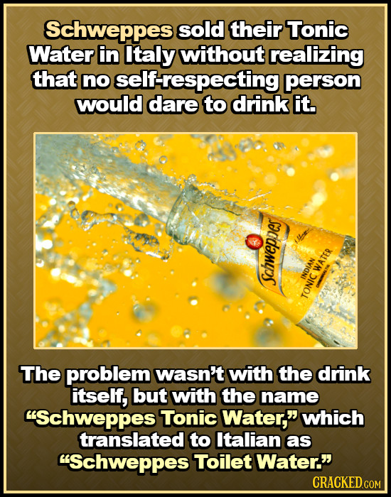 Schweppese sold their Tonic Water iin Italy without realizing that no self-respecting person would dare to drink it. WATER INDIAN schweppes TONIC The