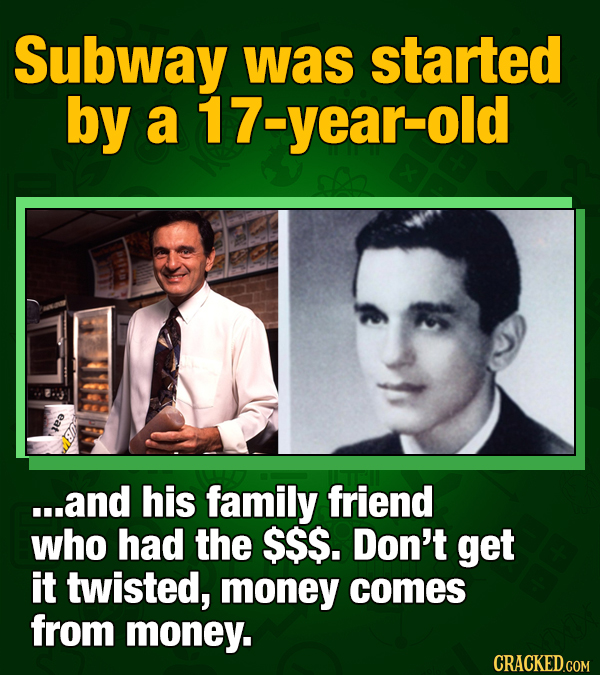 Subway was started by a 17 year-old ... and his family friend who had the $$$. Don't get it twisted, money comes from money.