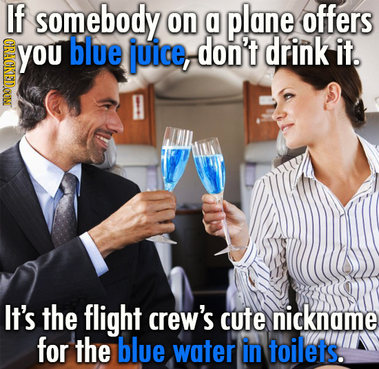 If somebody on a plane offers YOu CRACKEDCONT blue juice, don't drink it. It's the flight crew's cute nickname for the blue water in toilets.