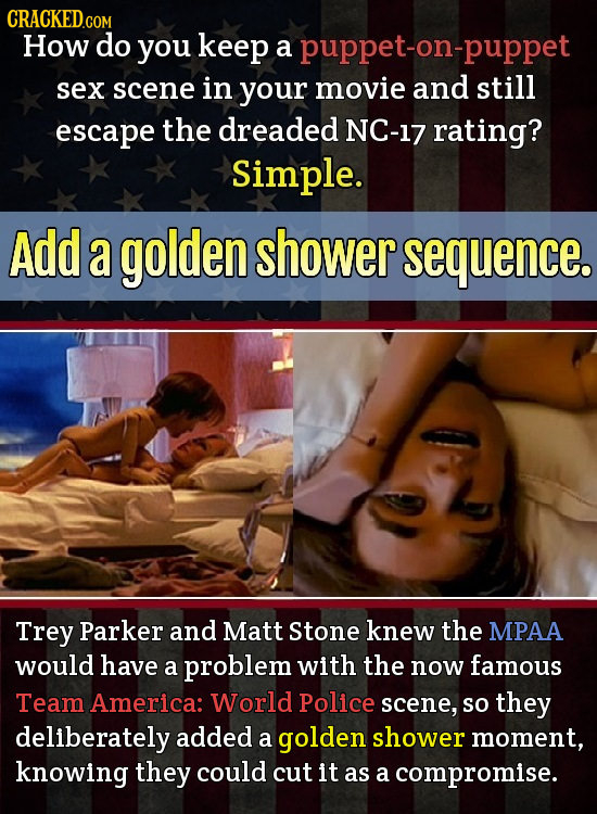How do you keep a puppet-on-puppet sex scene in your movie and still escape the dreaded NC-17 rating? Simple. Add a golden shower sequence. Trey Parke