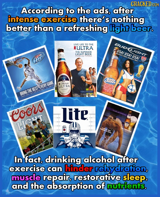CRACKEDG According to the ads, after intense exercise there's nothing better than a refreshing light beer. BUD LIVE LIFE TO THE ULTRA USAIUSA!USAL LIG