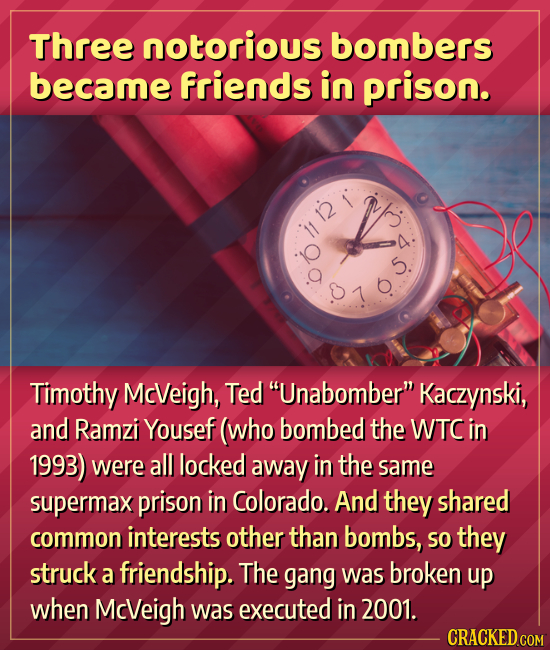 Three notorious bombers became friends in prison. Timothy McVeigh, Ted Unabomber Kaczynski, and Ramzi Yousef (who bombed the WTC in 1993) were all l