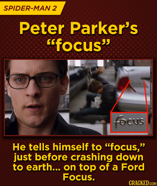 SPIDER-MAN 2 Peter Parker's focus fOus He tells himself to focus, just before crashing down to earth... on top of a Ford Focus.