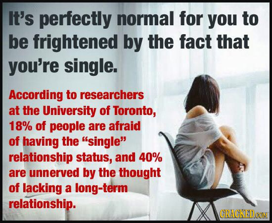 It's perfectly normal for you to be frightened by the fact that you're single. According to researchers at the University of Toronto, 18% of people ar
