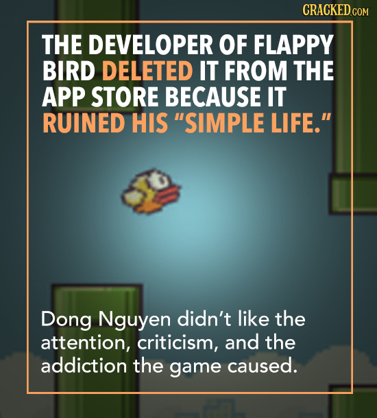 THE DEVELOPER OF FLAPPY BIRD DELETED IT FROM THE APP STORE BECAUSE IT RUINED HIS SIMPLE LIFE. Dong Nguyen didn't like the attention, criticism, and