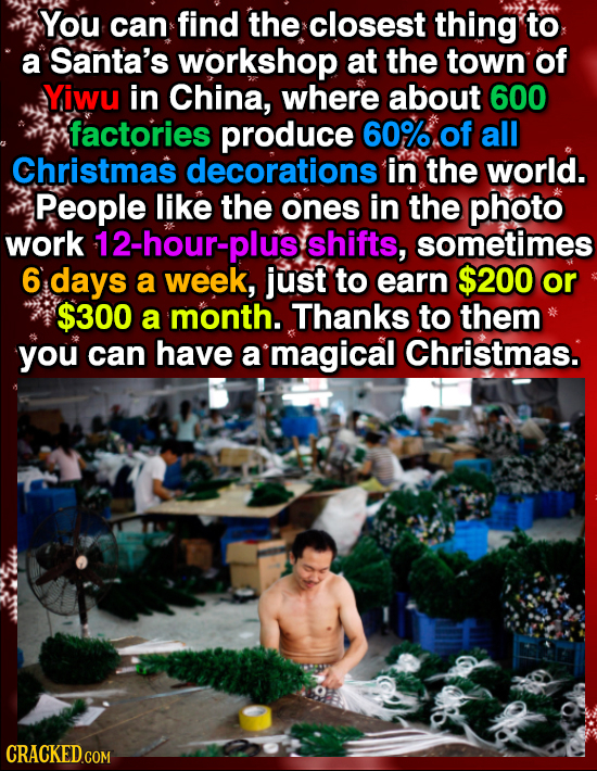 You can find the closest thing to a Santa's workshop at the town of YiwU in China, where about 600 factories produce 60% of all Christmas decorations