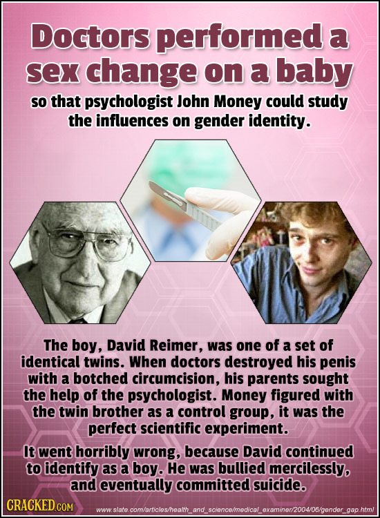 Doctors performed a SeX change on a baby So that psychologist John Money could study the influences on gender identity. The boy, David Reimer, was one