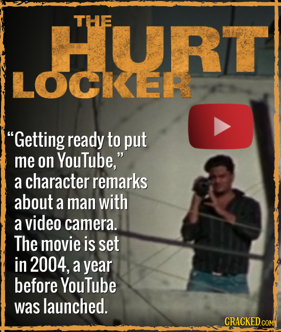 HURT THE LOCKER Getting ready to put me on YouTube, a character remarks about a man with a video camera. The movie is set in 2004, a year before You