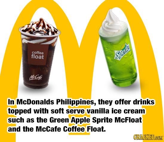 coffee float Sprite MeCoe In McDonalds Philippines, they offer drinks topped with soft serve vanilla ice cream such as the Green Apple Sprite McFloat 