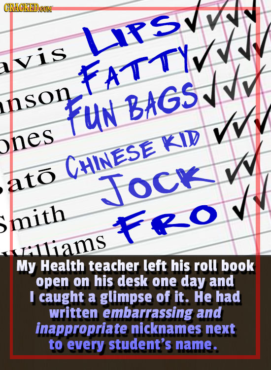 LTS vis nson FUN BAGS nes KID CHINESE ato Tock mith FRo lliams My Health teacher left his roll book open on his desk one day and I caught a glimpse of