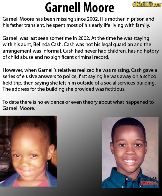 Garnell Moore CRACKEDCON Garnell Moore has been missing since 2002. His mother in prison and his father transient, he spent most of his early life liv