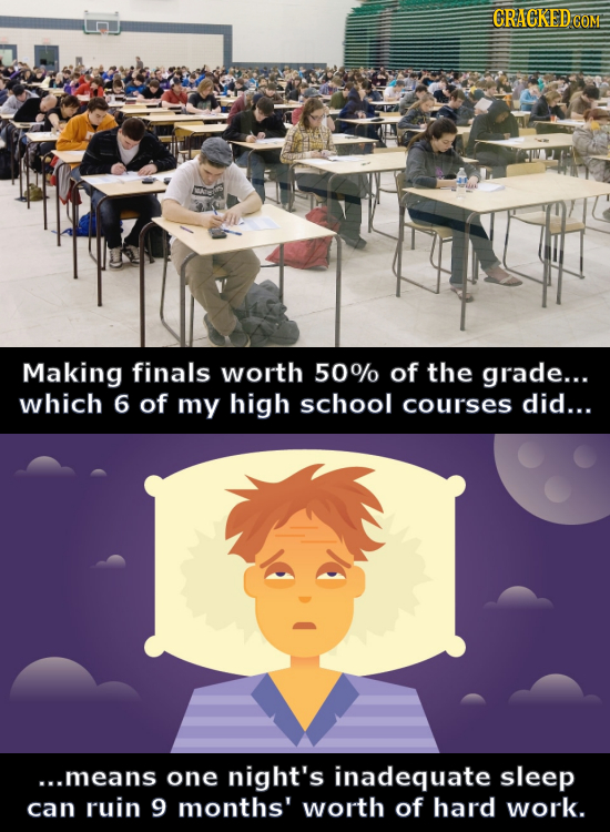 CRACKED CON Making finals worth 50% of the grade... which 6 of my high school courses did... ...means one night's inadequate sleep can ruin 9 months'