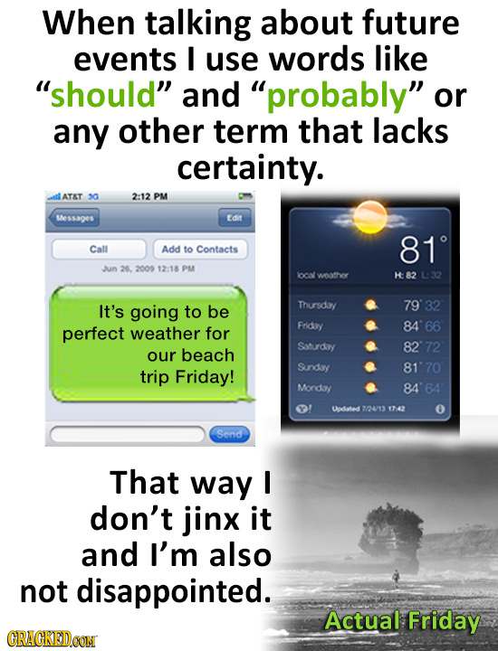 When talking about future events I use words like should and probably or any other term that lacks certainty. ATAT 30 2:12 PM Messages Edt 81 Call