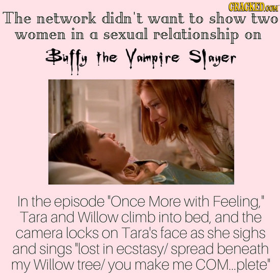 The network didn't want to show two womem in sexual al relationship om #uffy the Yaimpire Slayer In the episode Once More with Feeling, Tara and Wil