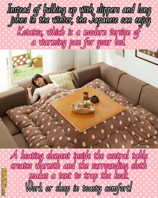 Instead of bulking up with slippers and long johns in the winter, the Japanese can enjoy Kotatsu, which is modern a Version of wanming your bed a pan 