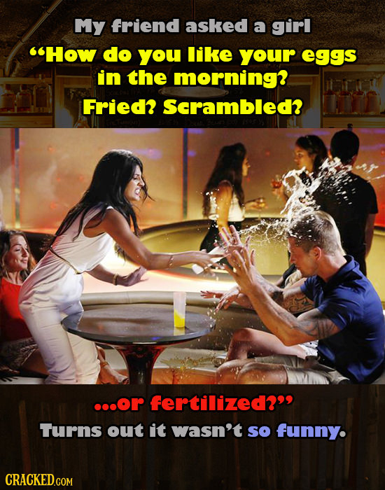 My friend asked a girl How do you like your eggs in the morning? Fried? Scrambled? or fertilized?' Turns out it wasn't so funny.