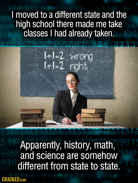 I moved to a different state and the high school there made me take classes I had already taken. 920 4045 8730 I+-2 wrong I+l-2 right 9388201929384 75