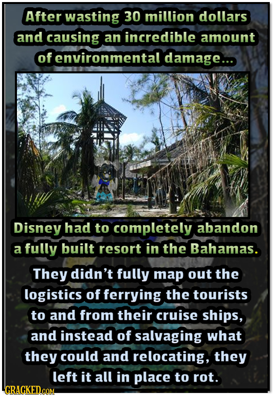 After wasting 30 million dollars and causing an incredible amount of environmental damage... Disney had to completely abandon a fully built resort in