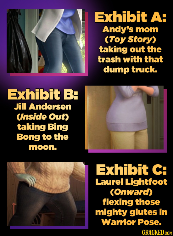 Exhibit A: Andy's mom (Toy Story) taking out the trash with that dump truck. Exhibit B: Jill Andersen CInside Out) taking Bing Bong to the moon. Exhib