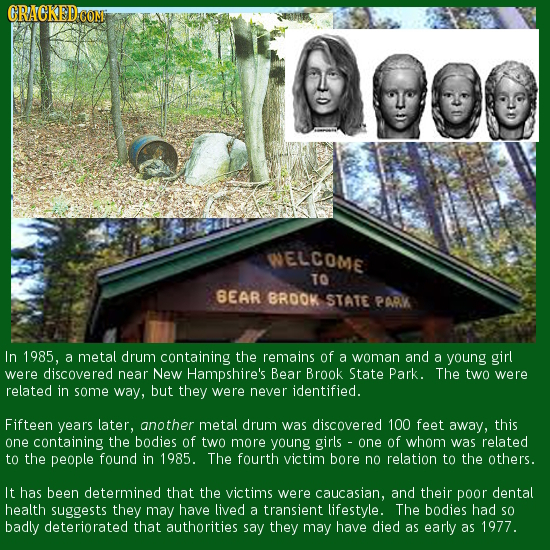 CRACKEDC WELCOME TO BEAR BROOK STATE PARK In 1985, a metal drum containing the remains of a woman and a young girl were discovered near New Hampshire'