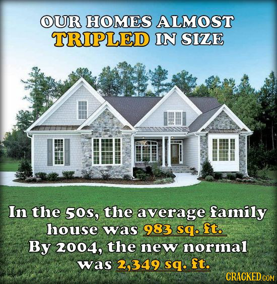 OUR HOMES ALMOST TRIPLED IN SIZE In the 50S, the average family house was 983 sqo ft. By 2004, the new normal was 2,349 sq. ft. CRACKED COM 