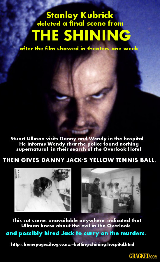 Stanley Kubrick deleted a final scene from THE SHINING after the film showed in theaters one week Stuart Ullm an visits Danny and Wendy in the hospita