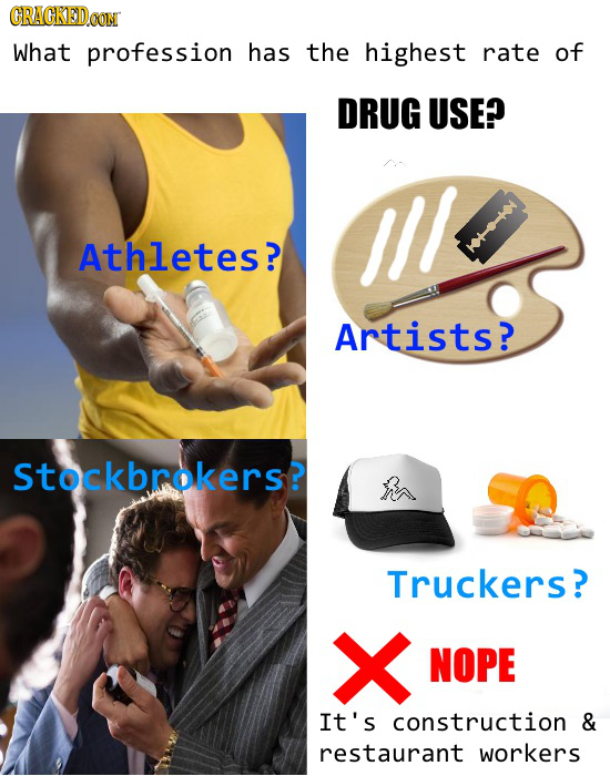 CRACKEDOON What profession has the highest rate of DRUG USE? Athletes? Artists? Stockbrokers? Truckers? X NOPE It's construction & restaurant workers 
