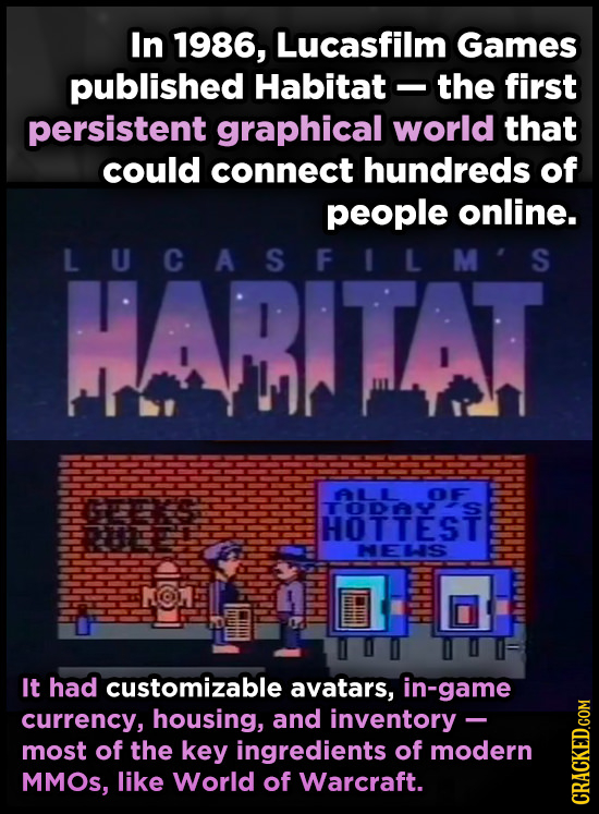 In 1986, Lucasfilm Games published Habitat the first persistent graphical world that could connect hundreds of people online. LUCASFILM'S HAitAt ALLOF