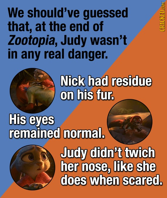 We should've guessed that, at the end of Zootopia, Judy wasn't CRACKED COM in any real danger. Nick had residue on his fur. His eyes remained normal. 