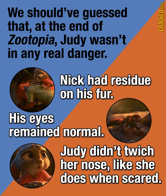 We should've guessed that, at the end of Zootopia, Judy wasn't CRACKED COM in any real danger. Nick had residue on his fur. His eyes remained normal.