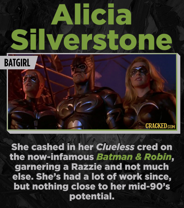 Alicia Silverstone BATGIRL She cashed in her Clueless cred on the now-infamous Batman & Robin, garnering a Razzie and not much else. She's had a lot o