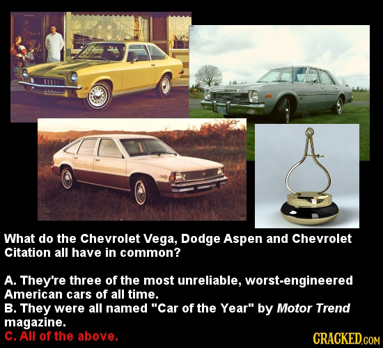 What do the Chevrolet Vega, Dodge Aspen and Chevrolet Citation all have in common? A. They're three of the most unreliable, geered American cars of al