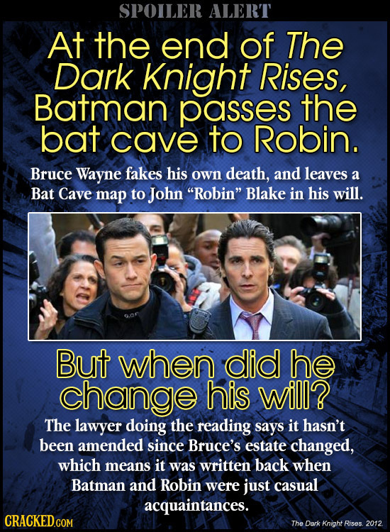 SPOILER ALERT At the end of The Dark Knight Rises, Batman passes the bat cave to Robin. Bruce Wayne fakes his own death, and leaves a Bat Cave map to