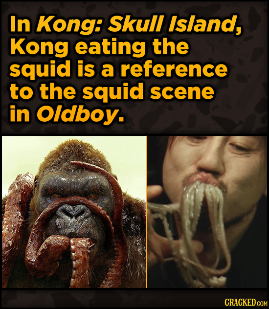 Movie Scenes With Hidden Homages To Other Movies - In Kong: Skull Island, Kong eating the squid is a reference