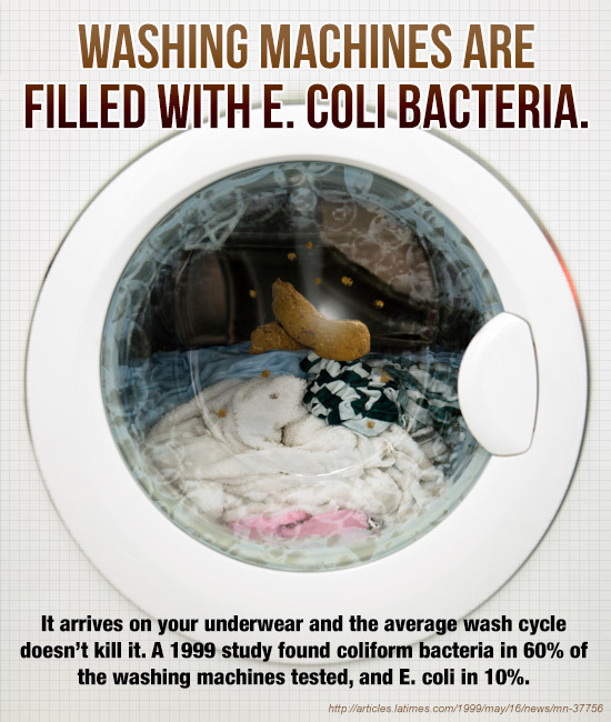WASHING MACHINES ARE FILLED WITH E. COLI BACTERIA. It arrives on your underwear and the average wash cycle doesn't kill it. A 1999 study found colifor