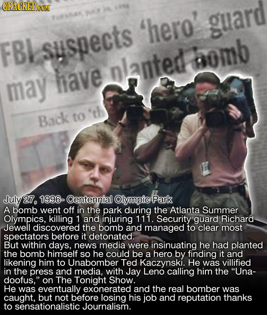 CRACKED CON F hero guard FBI susecTS bomb have nlanted may 'th Back to July 27, 1996- Centennial Olympic Park A bomb went off in the park during the