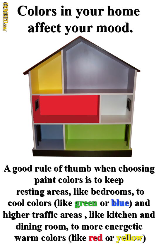 CRACKEDCON Colors in your home affect your mood. A good rule of thumb when choosing paint colors is to keep resting areas, like bedrooms, to cool colo