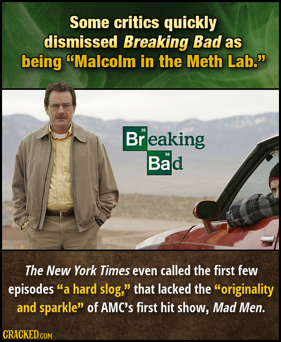 Some critics quickly dismissed Breaking Bad as being Malcolm in the Meth Lab. Breaking 35 Bad 56 The New York Times even called the first few episod