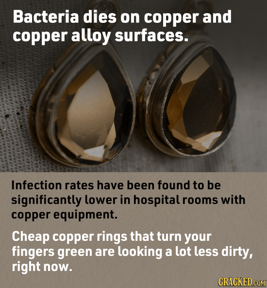 Bacteria dies on copper and copper alloy surfaces. Infection rates have been found to be significantly lower in hospital rooms with copper equipment. 