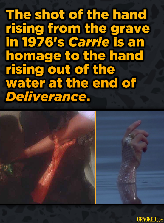 Movie Scenes With Hidden Homages To Other Movies - The shot of the hand rising from the grave in 1976's Carrie is an homage to the hand