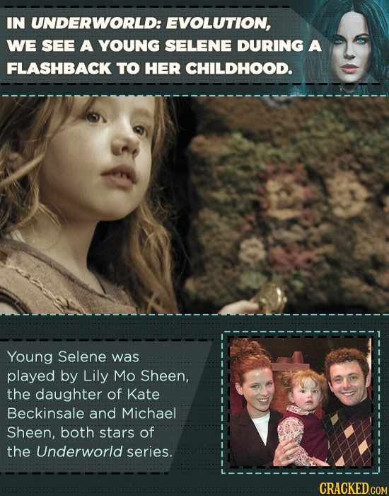 IN UNDERWORLD: EVOLUTION, WE SEE A YOUNG SELENE DURING A FLASHBACK TO HER CHILDHOOD. Young Selene was played by Lily Mo Sheen, the daughter of Kate Be