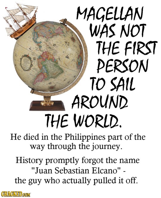 MAGELLAN WAS NOT THE FIRST PERSON TO SAIL AROUND THE WORLD. He died in the Philippines part of the way through the journey. History promptly forgot th