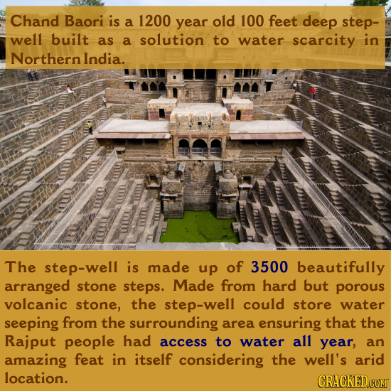 Chand Baori is a 1200 year old 100 feet deep step- well built as a solution to water scarcity in Northern India. The step-well is made up of 3500 beau