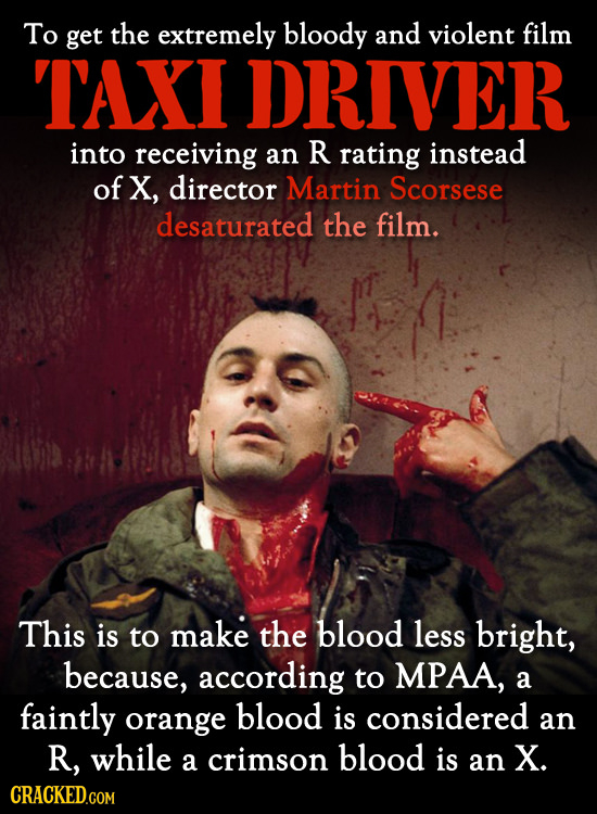 To get the extremely bloody and violent film TAXI DRIVER into receiving an R rating instead of X, director Martin Scorsese desaturated the film. This