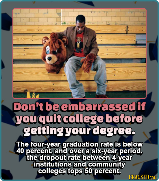 Don't be embarrassedi if you quit college before getting your degree. The four-year graduation rate is below 40 percent, and over a six-year period, t