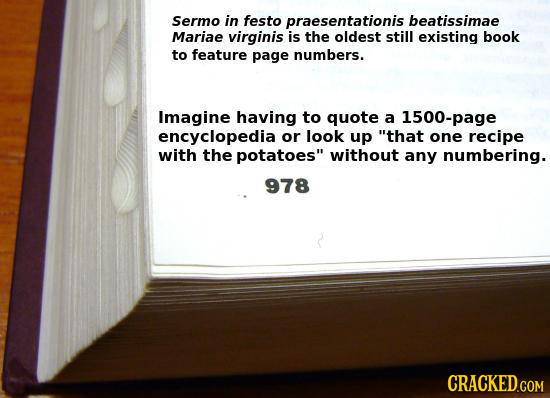 Sermo in festo praesentationis beatissimae Mariae virginis is the oldest still existing book to feature page numbers. Imagine having to quote a 1500-p