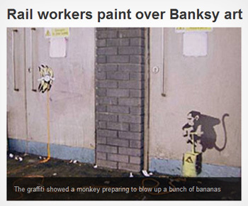 Rail workers paint over Banksy art The graffiti showed a monkey preparing to blow up a bunch of bananas 